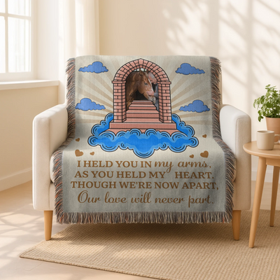 Personalized pet memorial woven blanket with stairway, cloud design, custom photo, and heartfelt remembrance poem