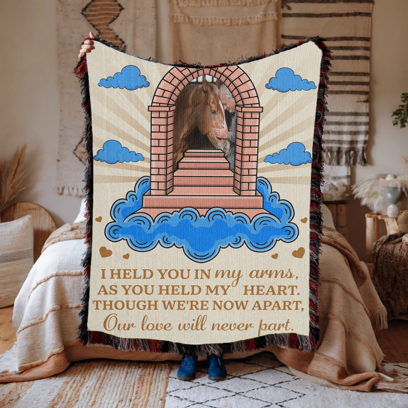 Personalized pet memorial woven blanket with stairway, cloud design, custom photo, and heartfelt remembrance poem