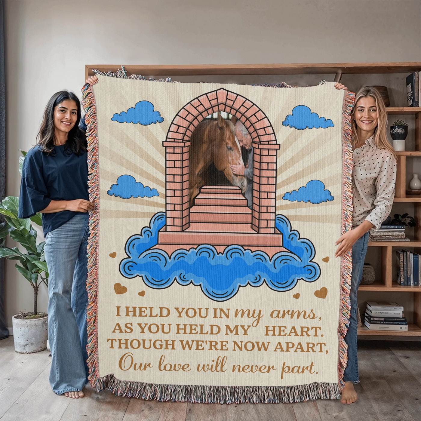 Personalized pet memorial woven blanket with stairway, cloud design, custom photo, and heartfelt remembrance poem