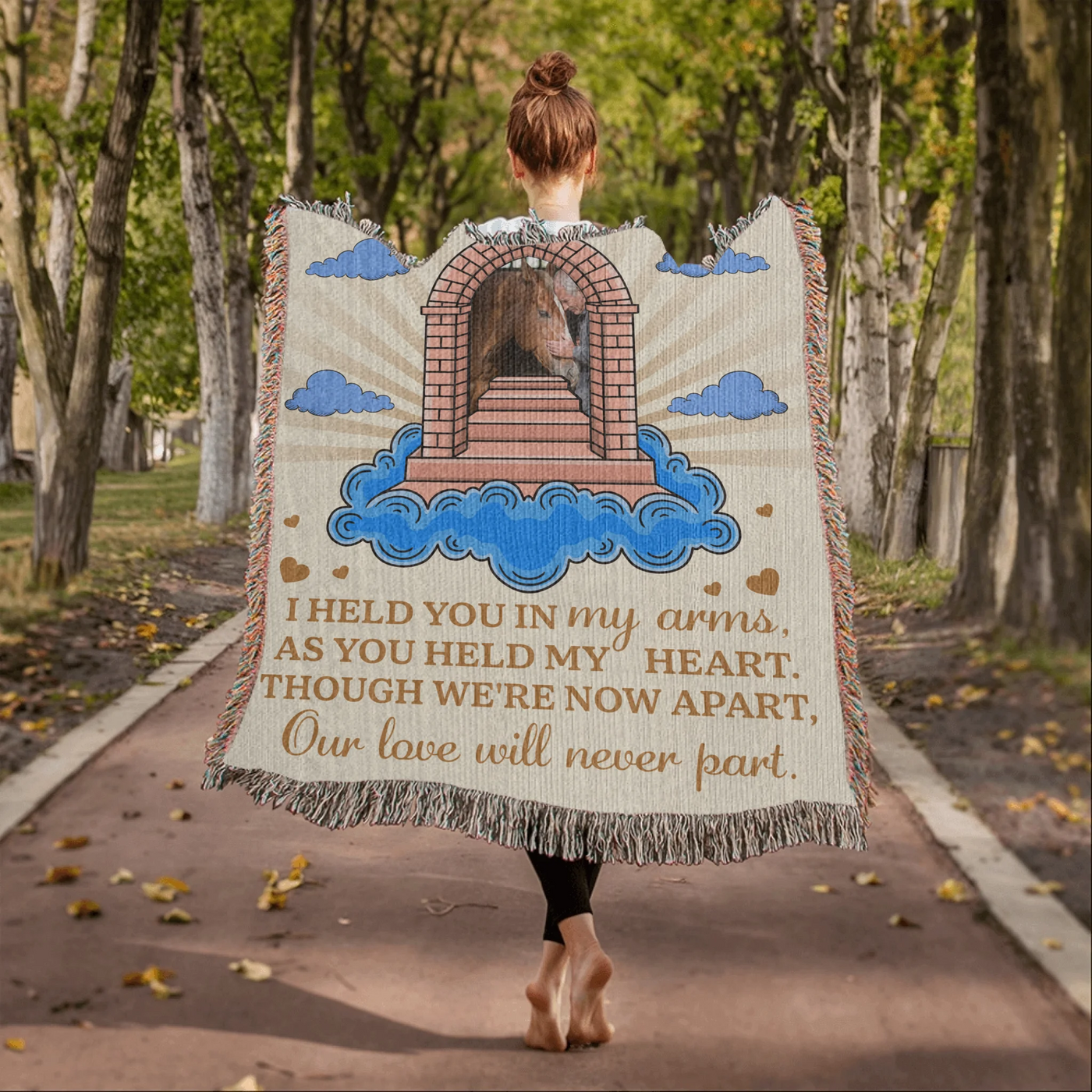 Personalized pet memorial woven blanket with stairway, cloud design, custom photo, and heartfelt remembrance poem