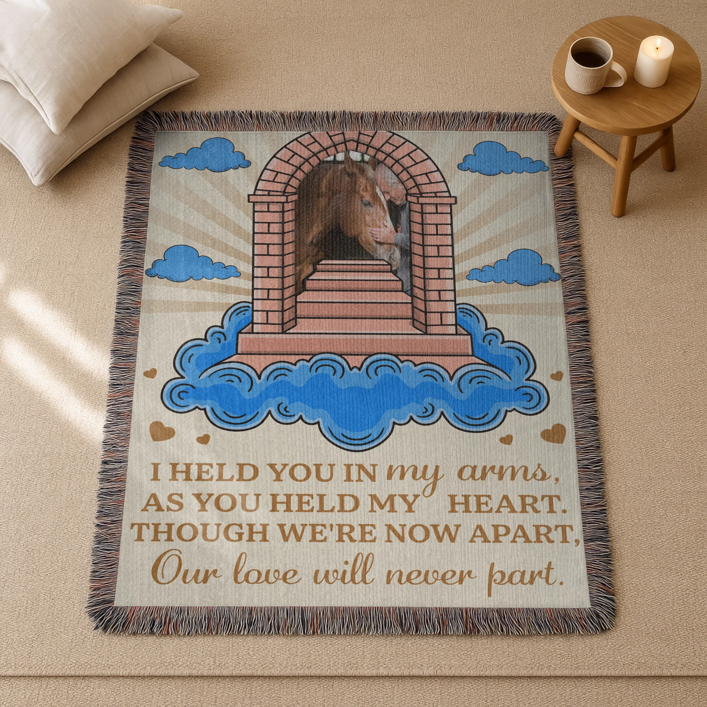 Personalized pet memorial woven blanket with stairway, cloud design, custom photo, and heartfelt remembrance poem