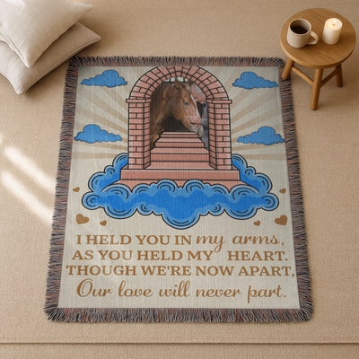 Personalized pet memorial woven blanket with stairway, cloud design, custom photo, and heartfelt remembrance poem