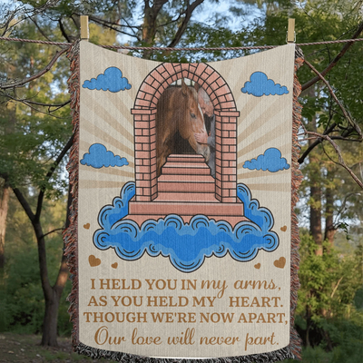 Personalized pet memorial woven blanket with stairway, cloud design, custom photo, and heartfelt remembrance poem