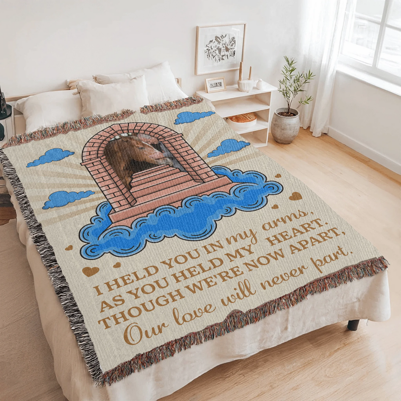 Personalized pet memorial woven blanket with stairway, cloud design, custom photo, and heartfelt remembrance poem