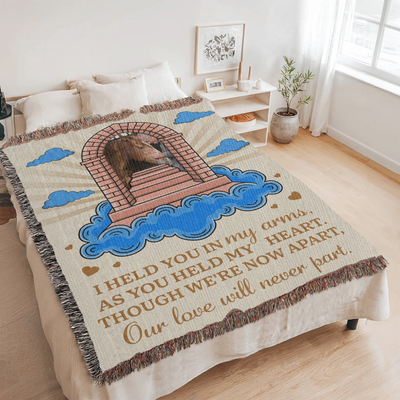 Personalized pet memorial woven blanket with stairway, cloud design, custom photo, and heartfelt remembrance poem