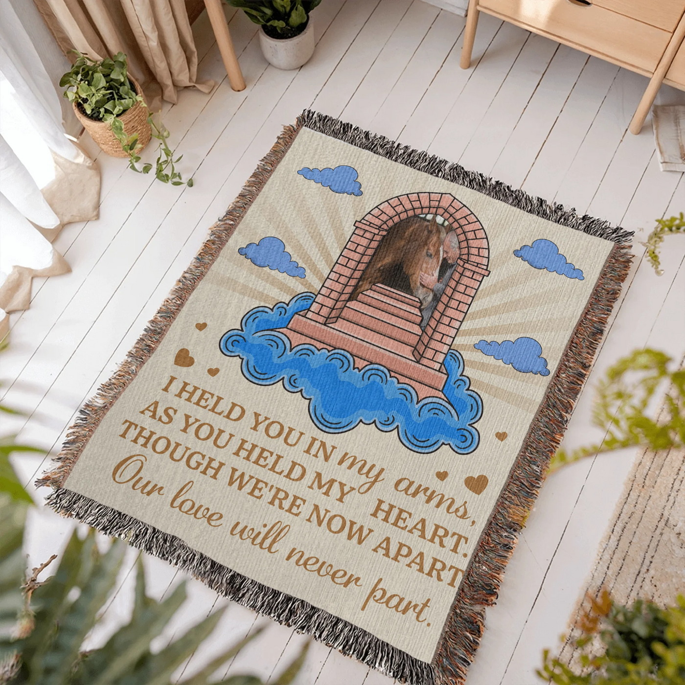 Personalized pet memorial woven blanket with stairway, cloud design, custom photo, and heartfelt remembrance poem