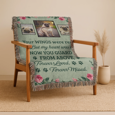 Personalized woven pet memorial blanket with three pet photos, rose floral design, and remembrance quote
