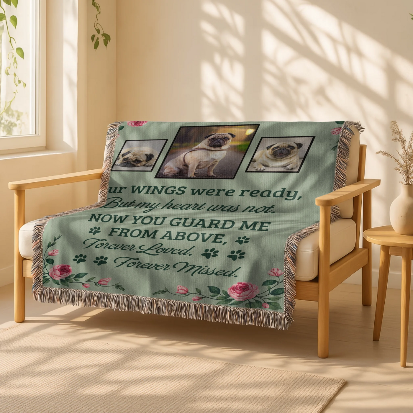 Personalized woven pet memorial blanket with three pet photos, rose floral design, and remembrance quote