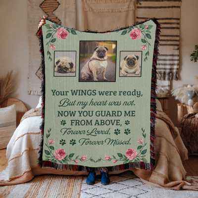 Personalized woven pet memorial blanket with three pet photos, rose floral design, and remembrance quote