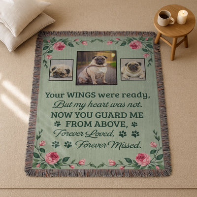 Personalized woven pet memorial blanket with three pet photos, rose floral design, and remembrance quote
