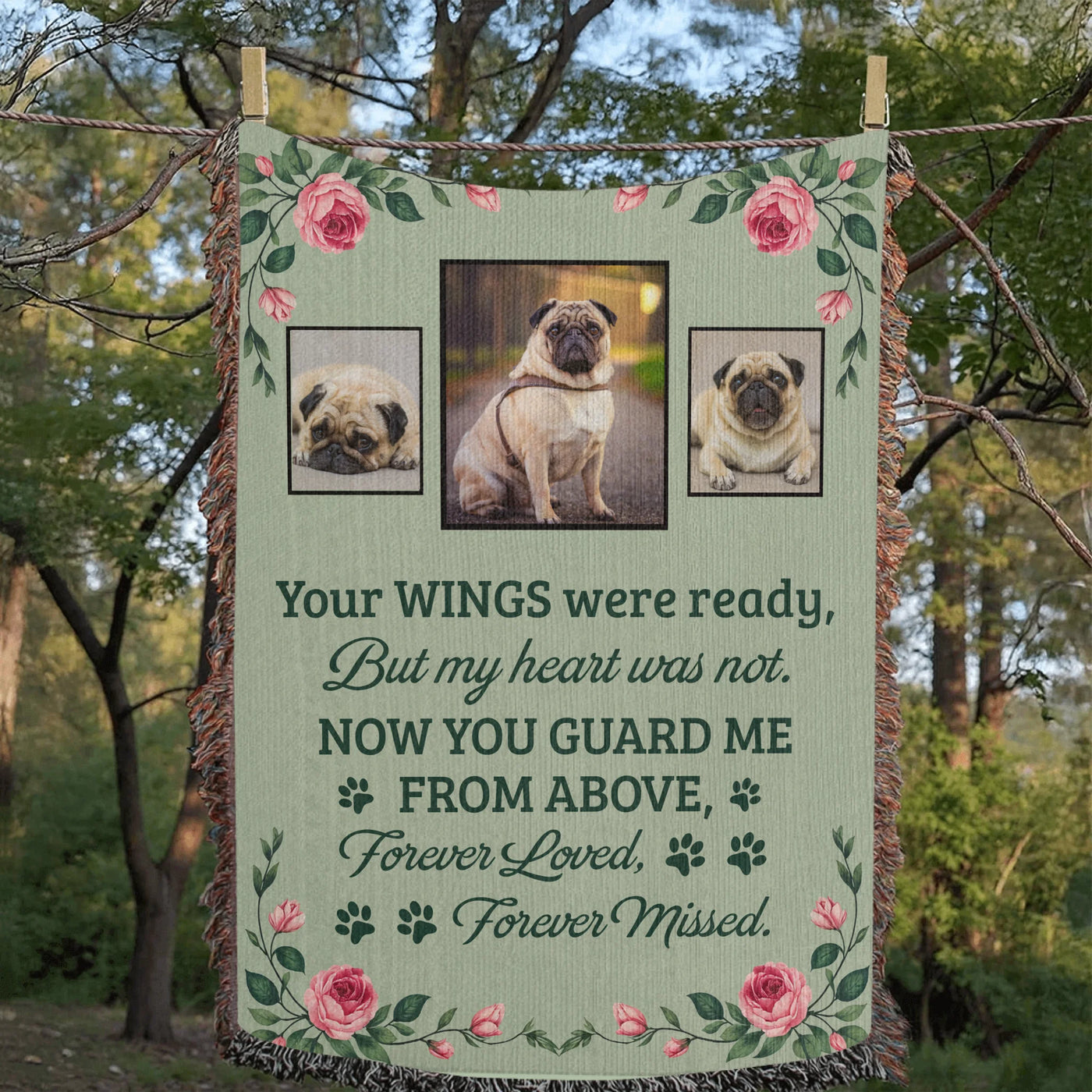 Personalized woven pet memorial blanket with three pet photos, rose floral design, and remembrance quote