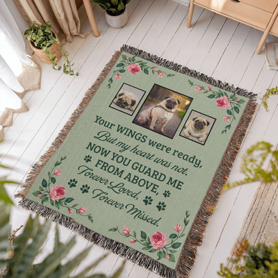 Personalized woven pet memorial blanket with three pet photos, rose floral design, and remembrance quote