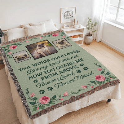 Personalized woven pet memorial blanket with three pet photos, rose floral design, and remembrance quote