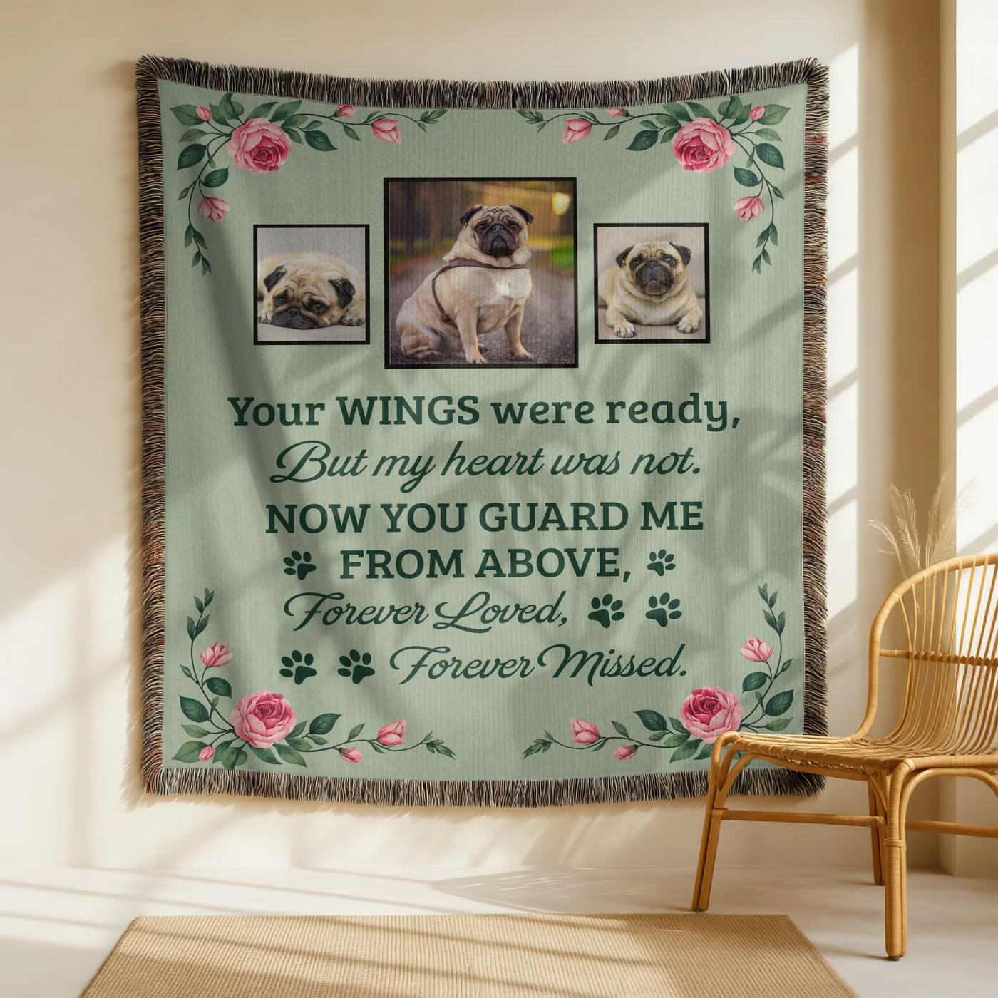 Personalized woven pet memorial blanket with three pet photos, rose floral design, and remembrance quote