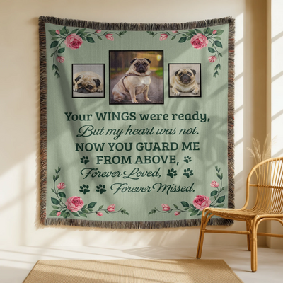 Personalized woven pet memorial blanket with three pet photos, rose floral design, and remembrance quote