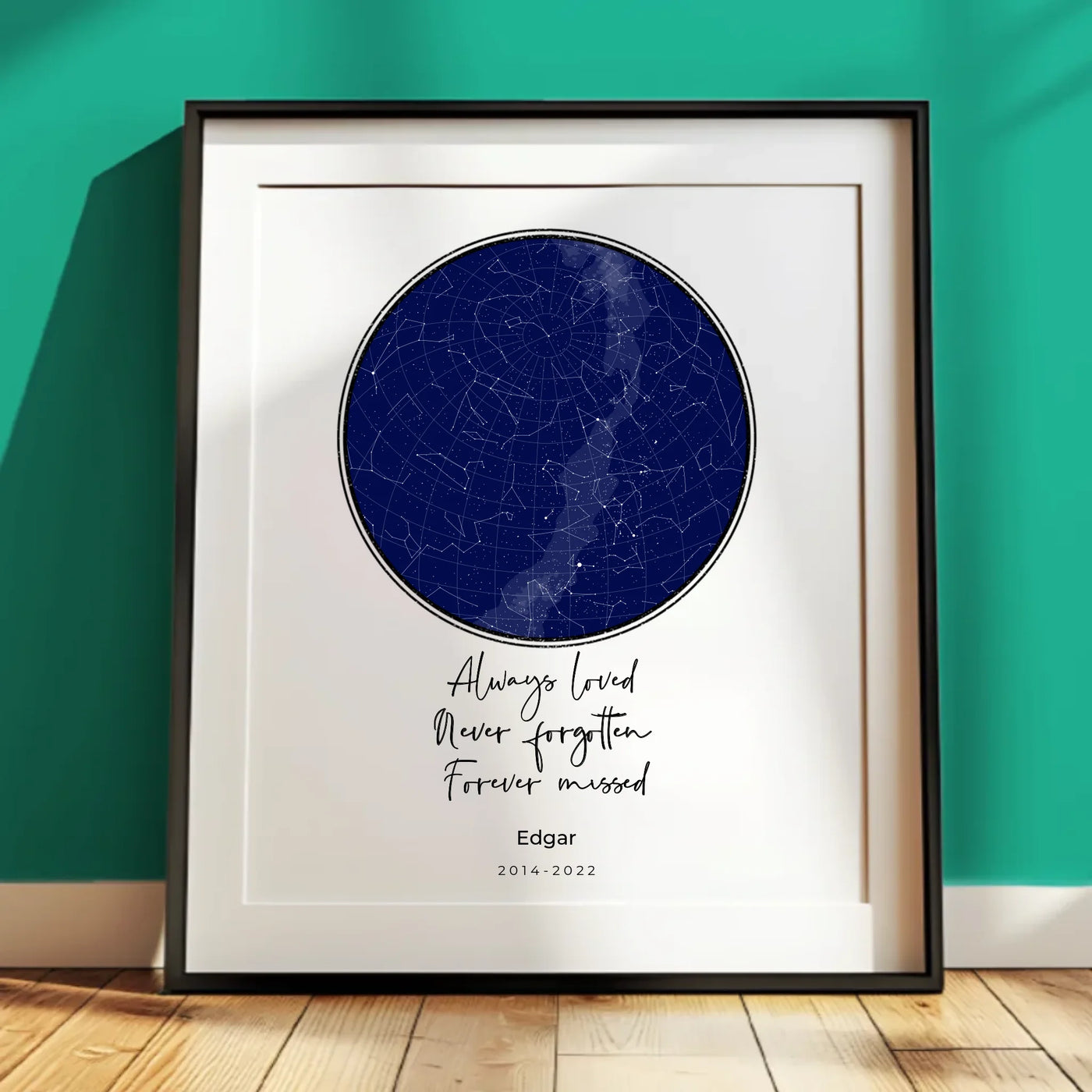 Custom star map pet memorial frame with constellations, personalized location, time, pet name, and years, honoring a beloved companion