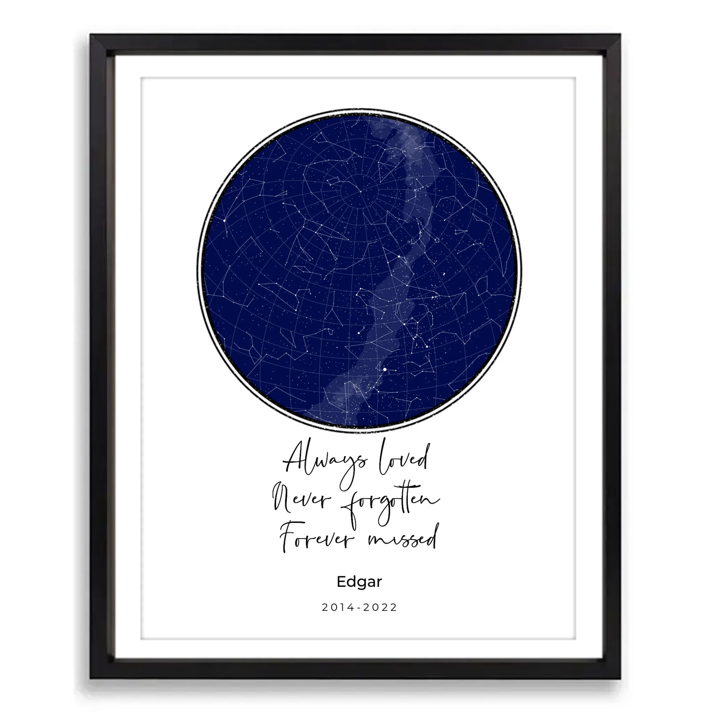 Custom star map pet memorial frame with constellations, personalized location, time, pet name, and years, honoring a beloved companion