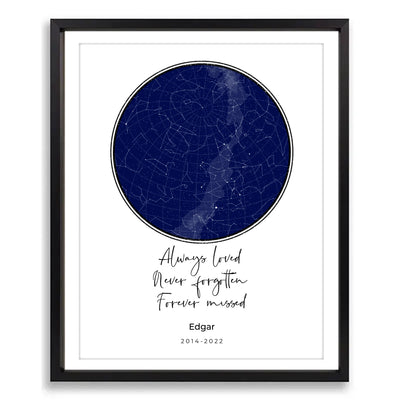 Custom star map pet memorial frame with constellations, personalized location, time, pet name, and years, honoring a beloved companion