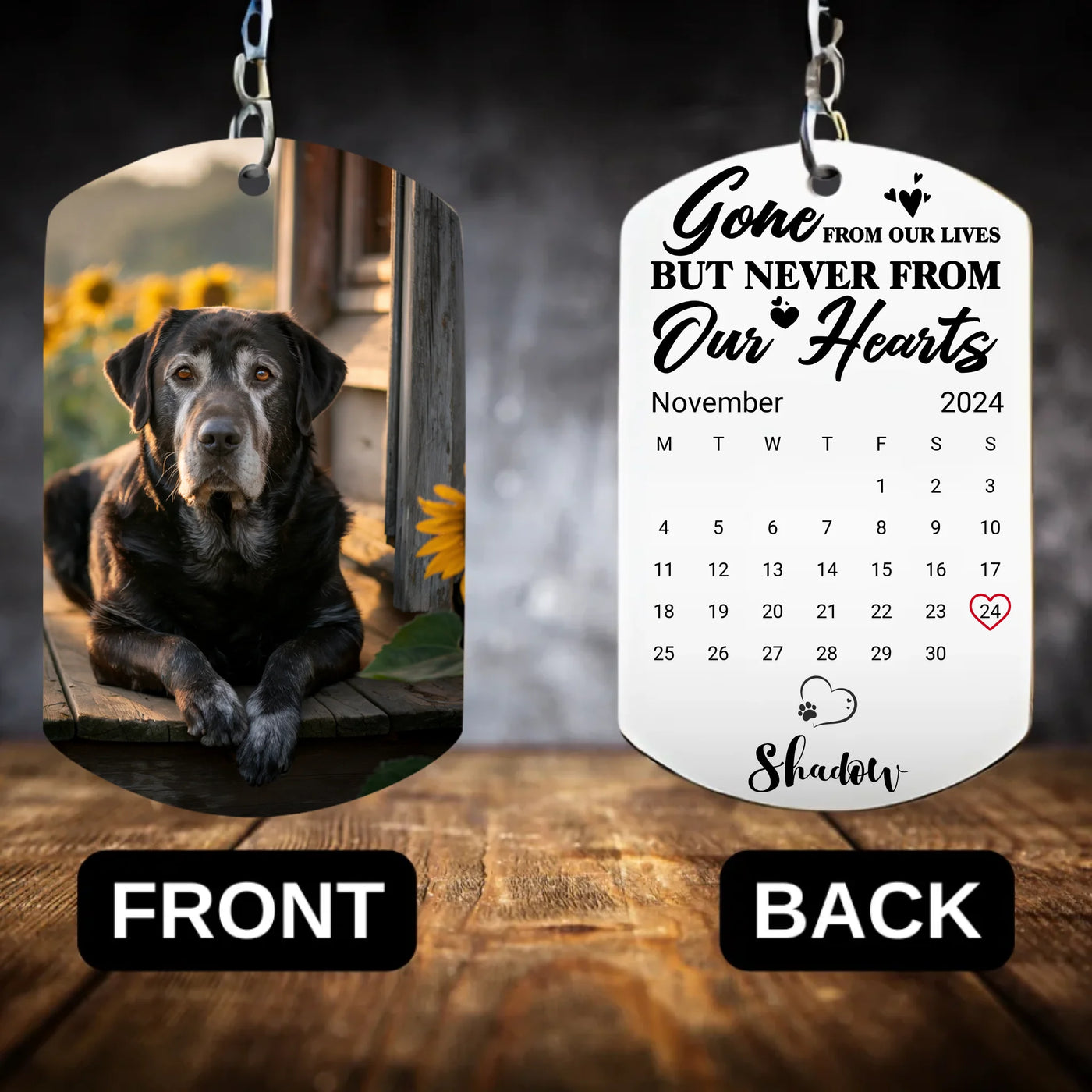 Double-sided memorial keychain featuring a custom pet photo on the front and the quote "Gone from Sight, but Never from My Heart" on the back