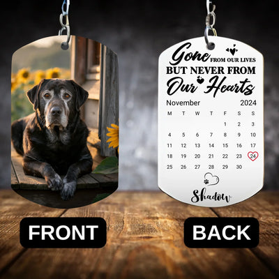 Double-sided memorial keychain featuring a custom pet photo on the front and the quote "Gone from Sight, but Never from My Heart" on the back
