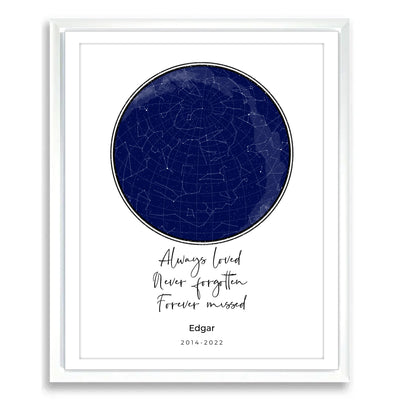 Custom star map pet memorial frame with constellations, personalized location, time, pet name, and years, honoring a beloved companion