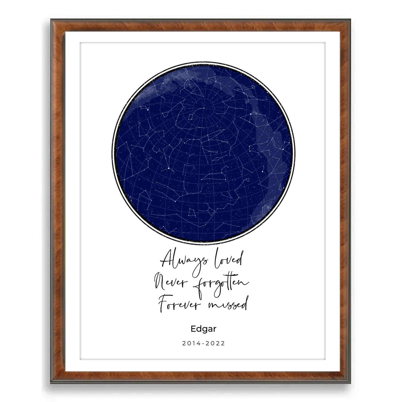 Custom star map pet memorial frame with constellations, personalized location, time, pet name, and years, honoring a beloved companion