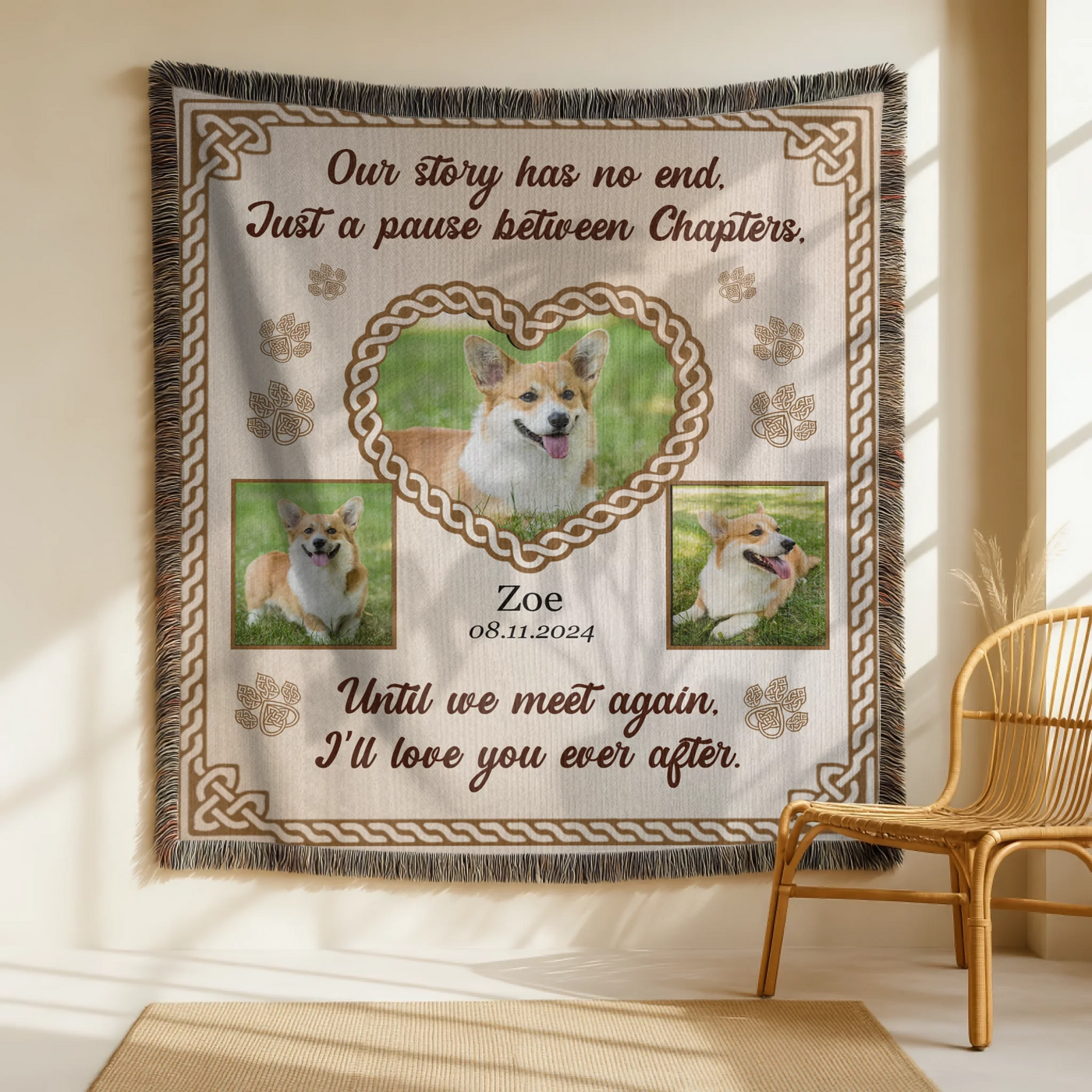 Personalized woven pet memorial blanket with 3 pet photos, Celtic heart, paw prints, and sentimental remembrance quote