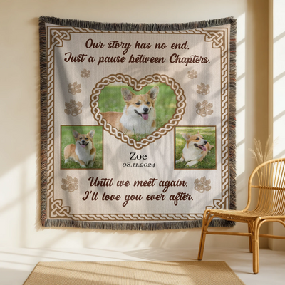 Personalized woven pet memorial blanket with 3 pet photos, Celtic heart, paw prints, and sentimental remembrance quote