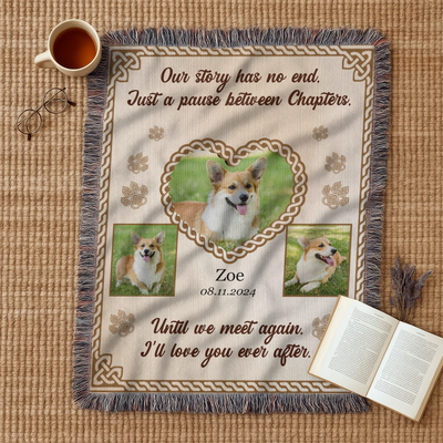 Personalized woven pet memorial blanket with 3 pet photos, Celtic heart, paw prints, and sentimental remembrance quote 