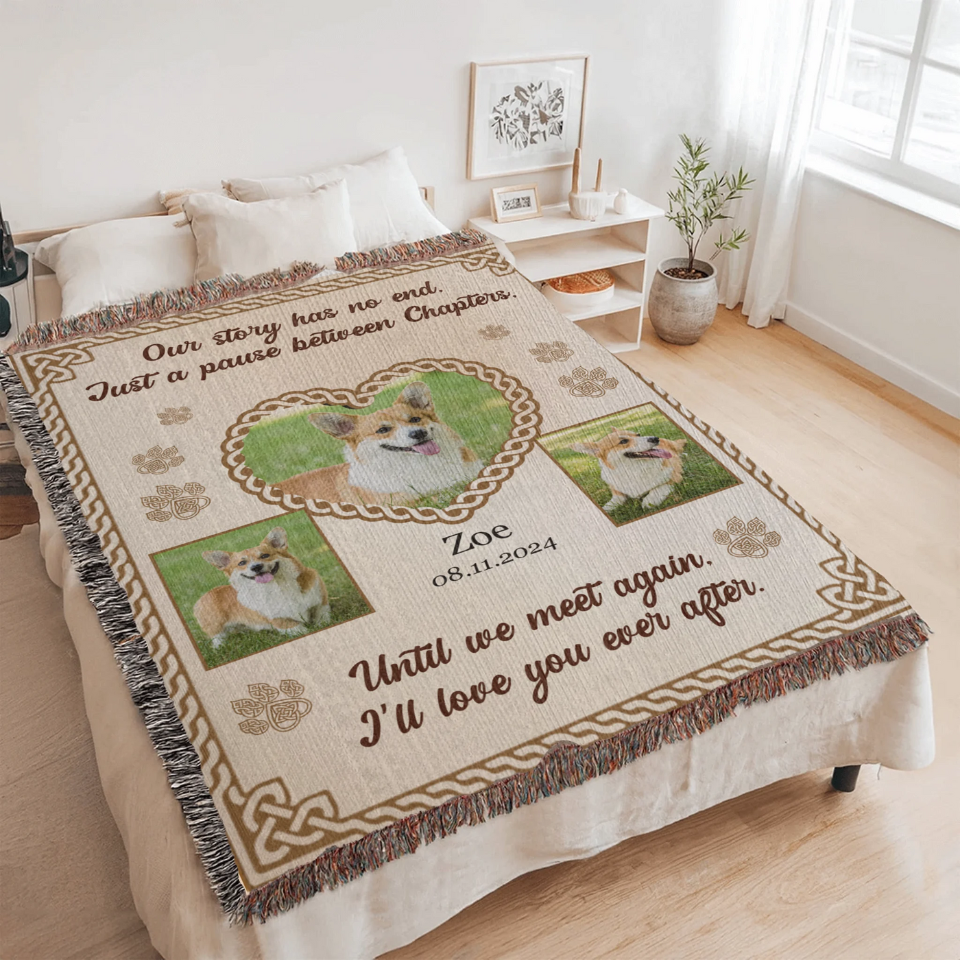 Personalized woven pet memorial blanket with 3 pet photos, Celtic heart, paw prints, and sentimental remembrance quote