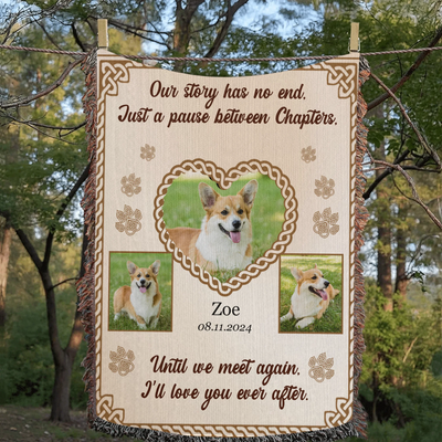 Personalized woven pet memorial blanket with 3 pet photos, Celtic heart, paw prints, and sentimental remembrance quote