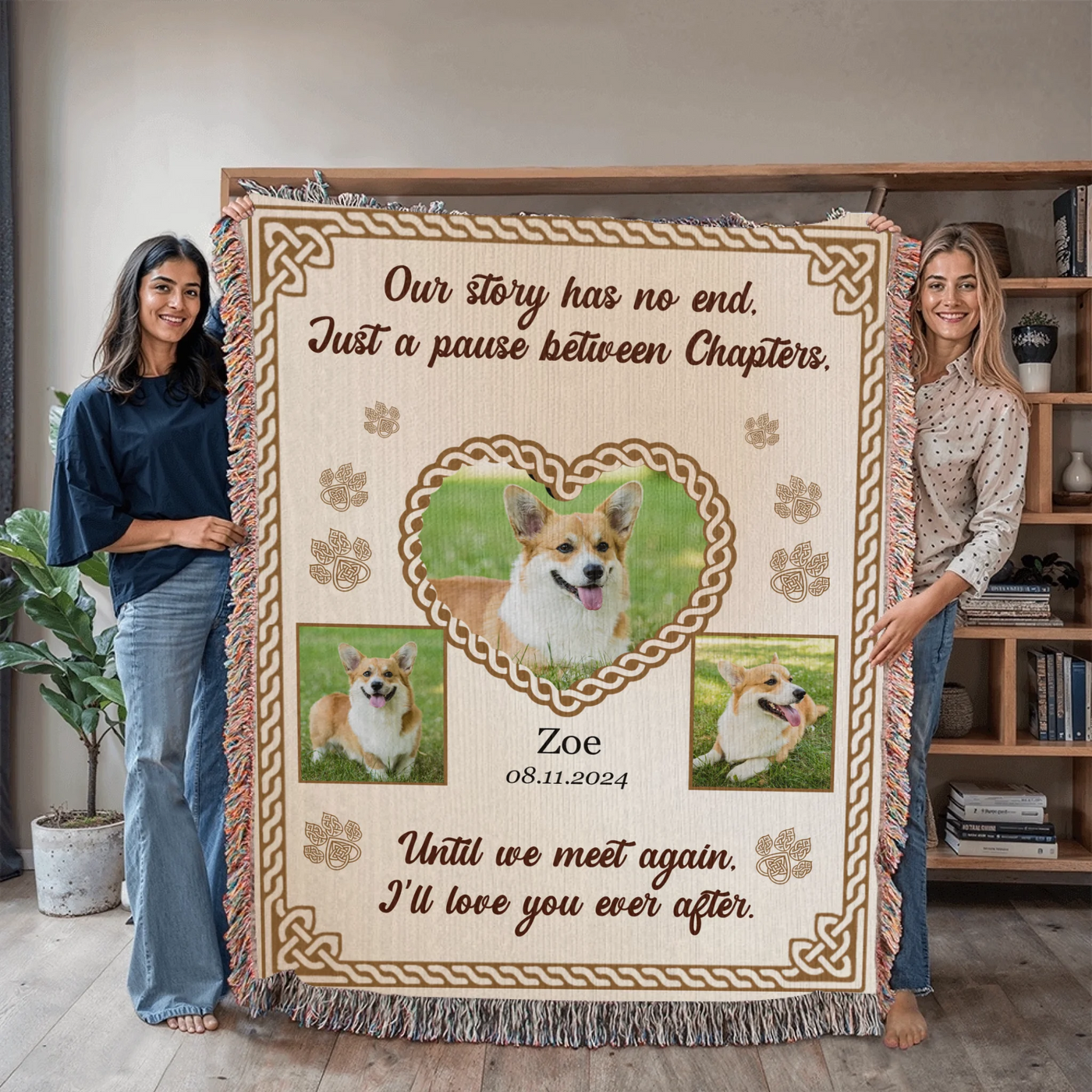 Personalized woven pet memorial blanket with 3 pet photos, Celtic heart, paw prints, and sentimental remembrance quote