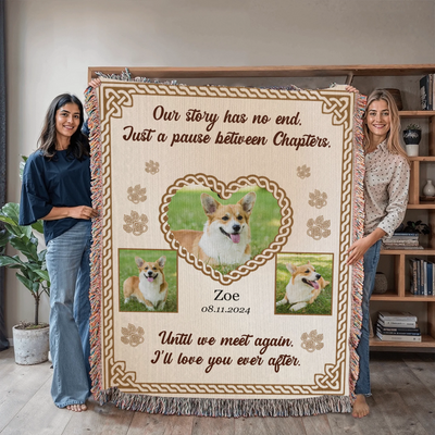 Personalized woven pet memorial blanket with 3 pet photos, Celtic heart, paw prints, and sentimental remembrance quote