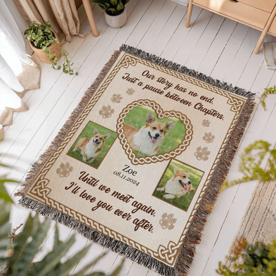 Personalized woven pet memorial blanket with 3 pet photos, Celtic heart, paw prints, and sentimental remembrance quote