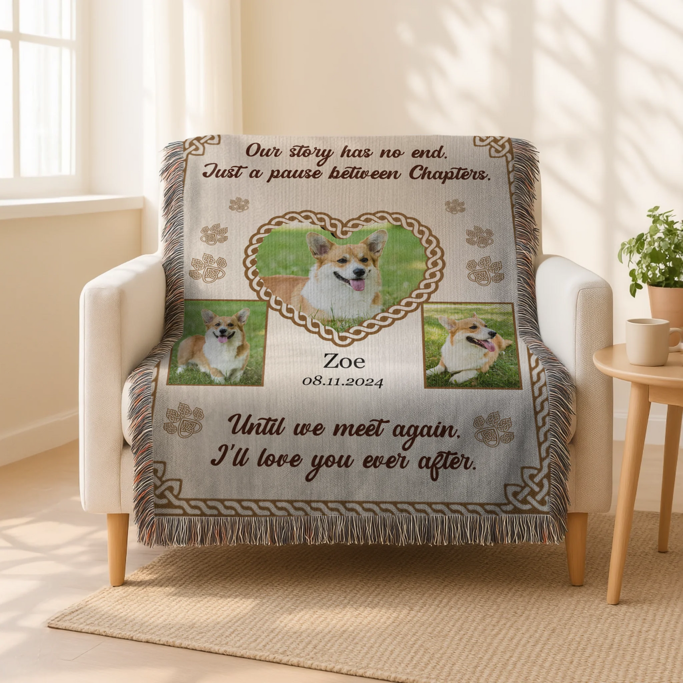 Personalized woven pet memorial blanket with 3 pet photos, Celtic heart, paw prints, and sentimental remembrance quote