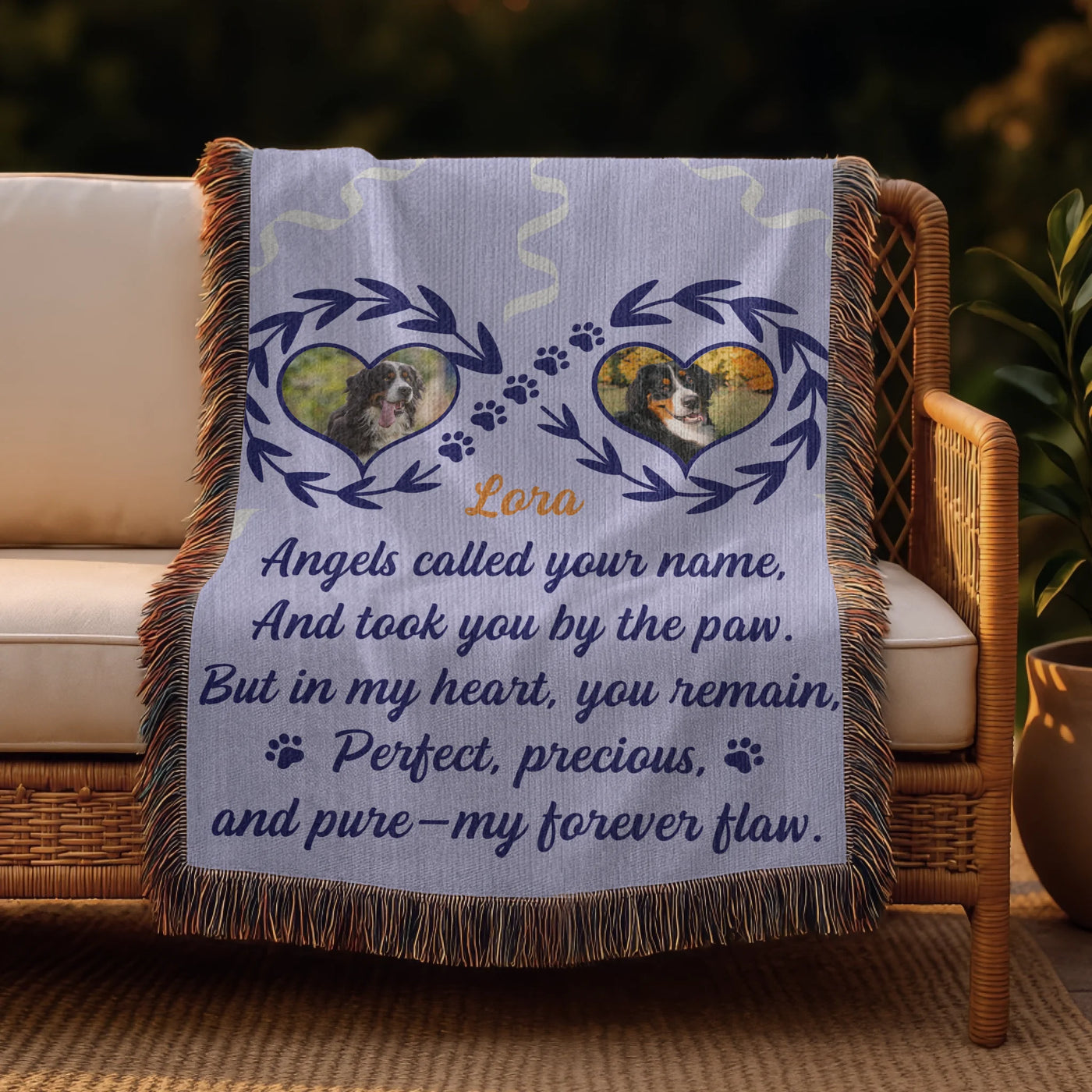 Personalized woven pet memorial blanket with 2 photos, pawprints, lavender leaf accents, and heartfelt remembrance quote