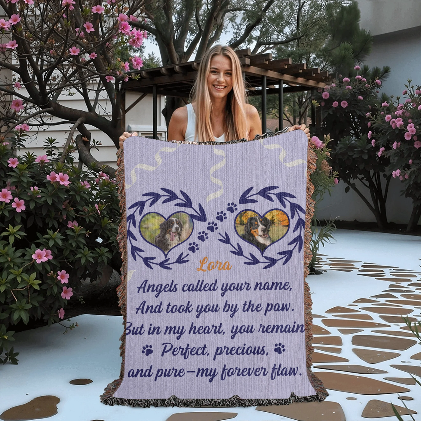 Personalized woven pet memorial blanket with 2 photos, pawprints, lavender leaf accents, and heartfelt remembrance quote
