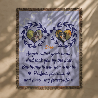 Personalized woven pet memorial blanket with 2 photos, pawprints, lavender leaf accents, and heartfelt remembrance quote