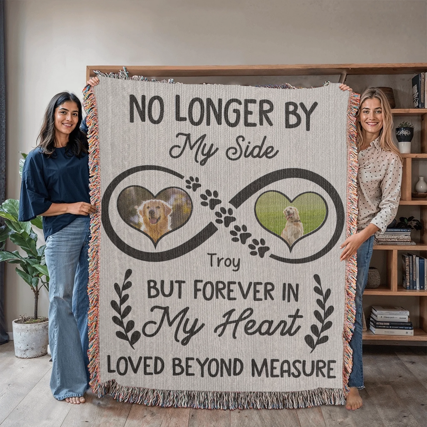 Infinity heart pet memorial woven blanket or wall tapestry with two photos, name, paw prints, and heartfelt remembrance quote