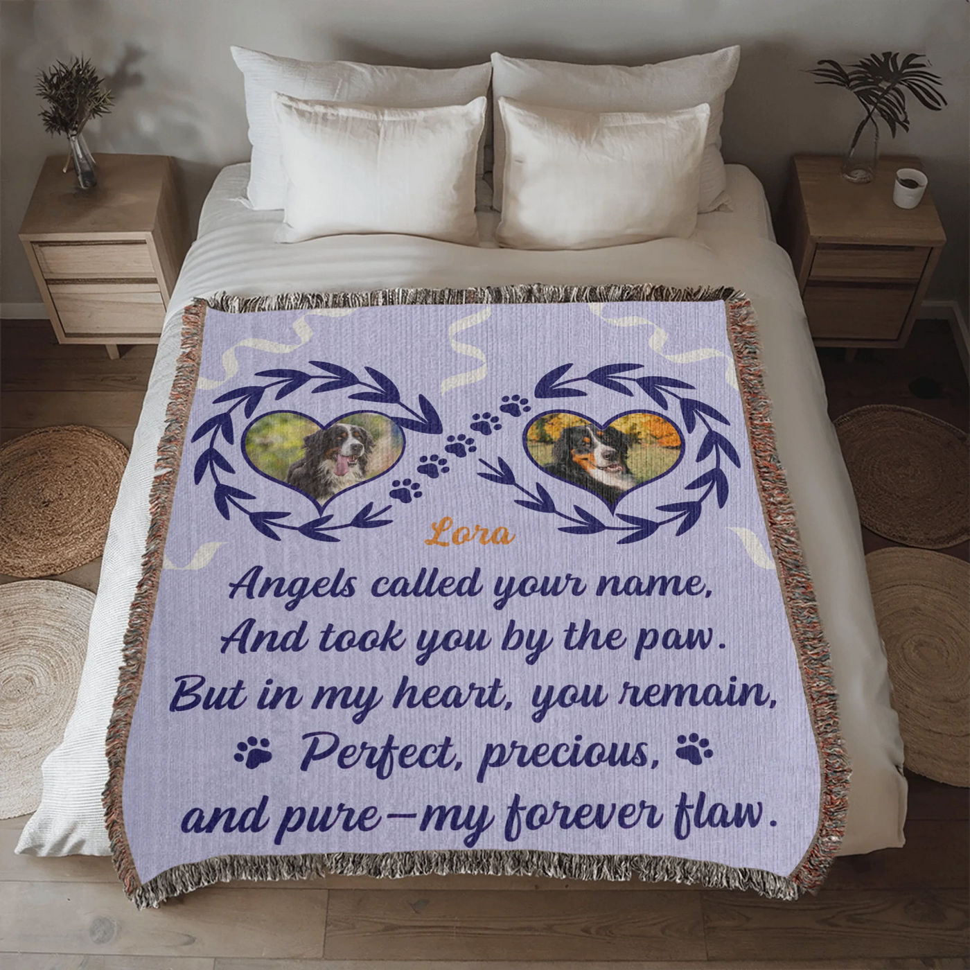 Personalized woven pet memorial blanket with 2 photos, pawprints, lavender leaf accents, and heartfelt remembrance quote