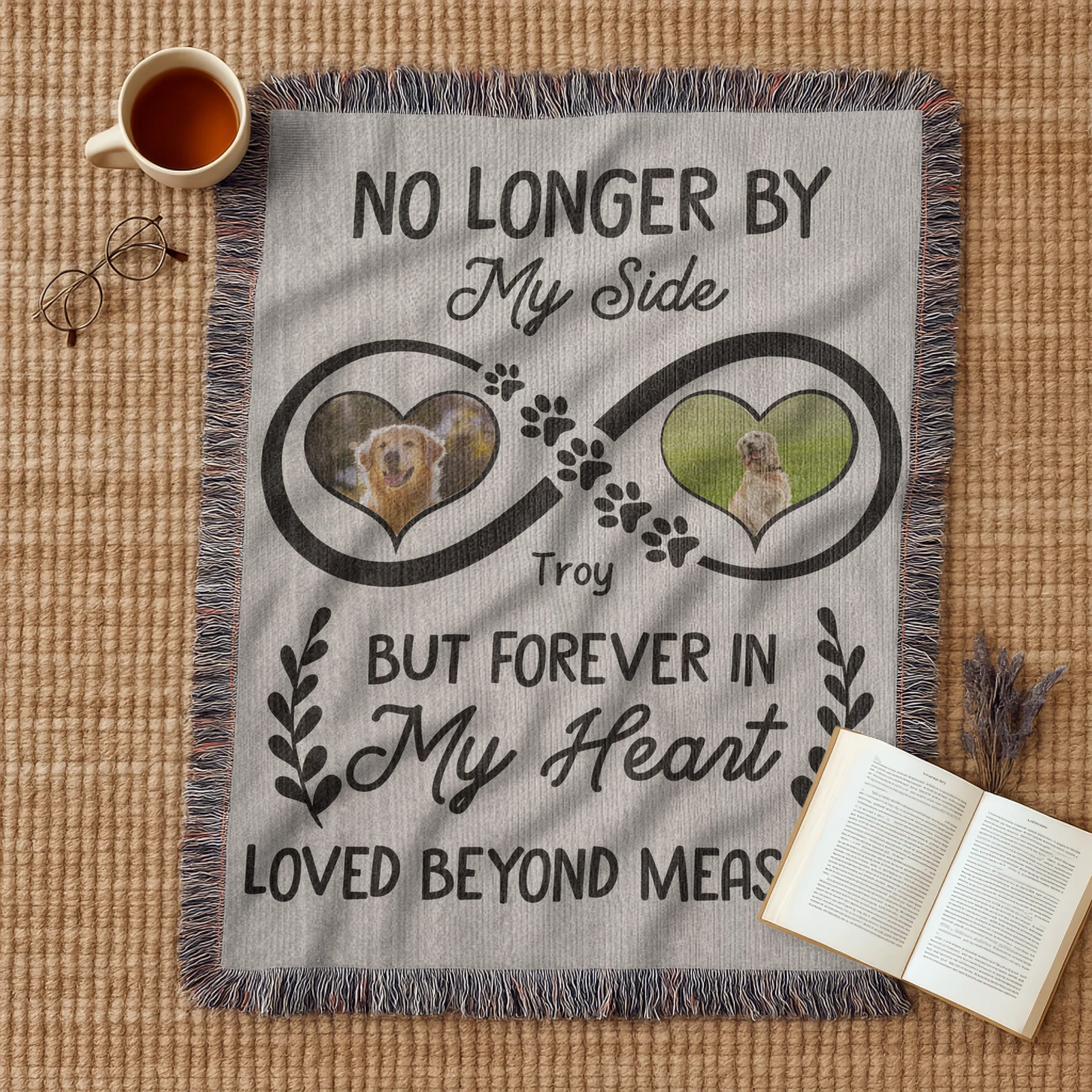Infinity heart pet memorial woven blanket or wall tapestry with two photos, name, paw prints, and heartfelt remembrance quote