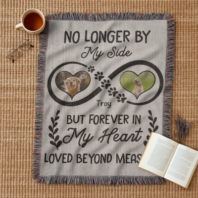Infinity heart pet memorial woven blanket or wall tapestry with two photos, name, paw prints, and heartfelt remembrance quote