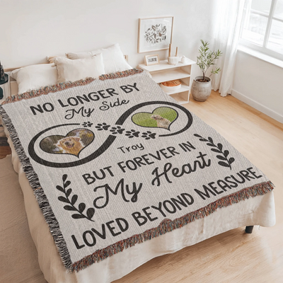 Infinity heart pet memorial woven blanket or wall tapestry with two photos, name, paw prints, and heartfelt remembrance quote
