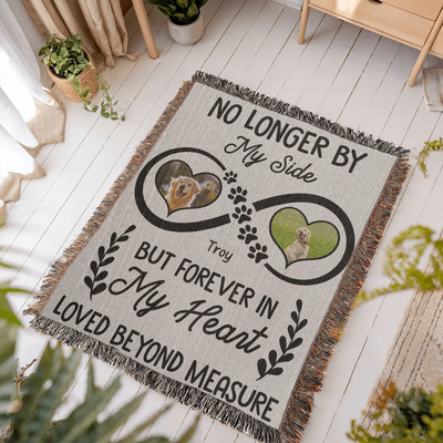 Infinity heart pet memorial woven blanket or wall tapestry with two photos, name, paw prints, and heartfelt remembrance quote