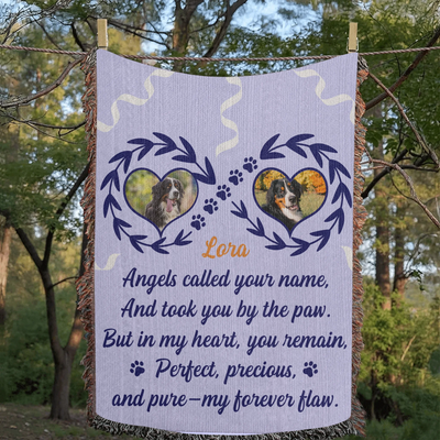 Personalized woven pet memorial blanket with 2 photos, pawprints, lavender leaf accents, and heartfelt remembrance quote