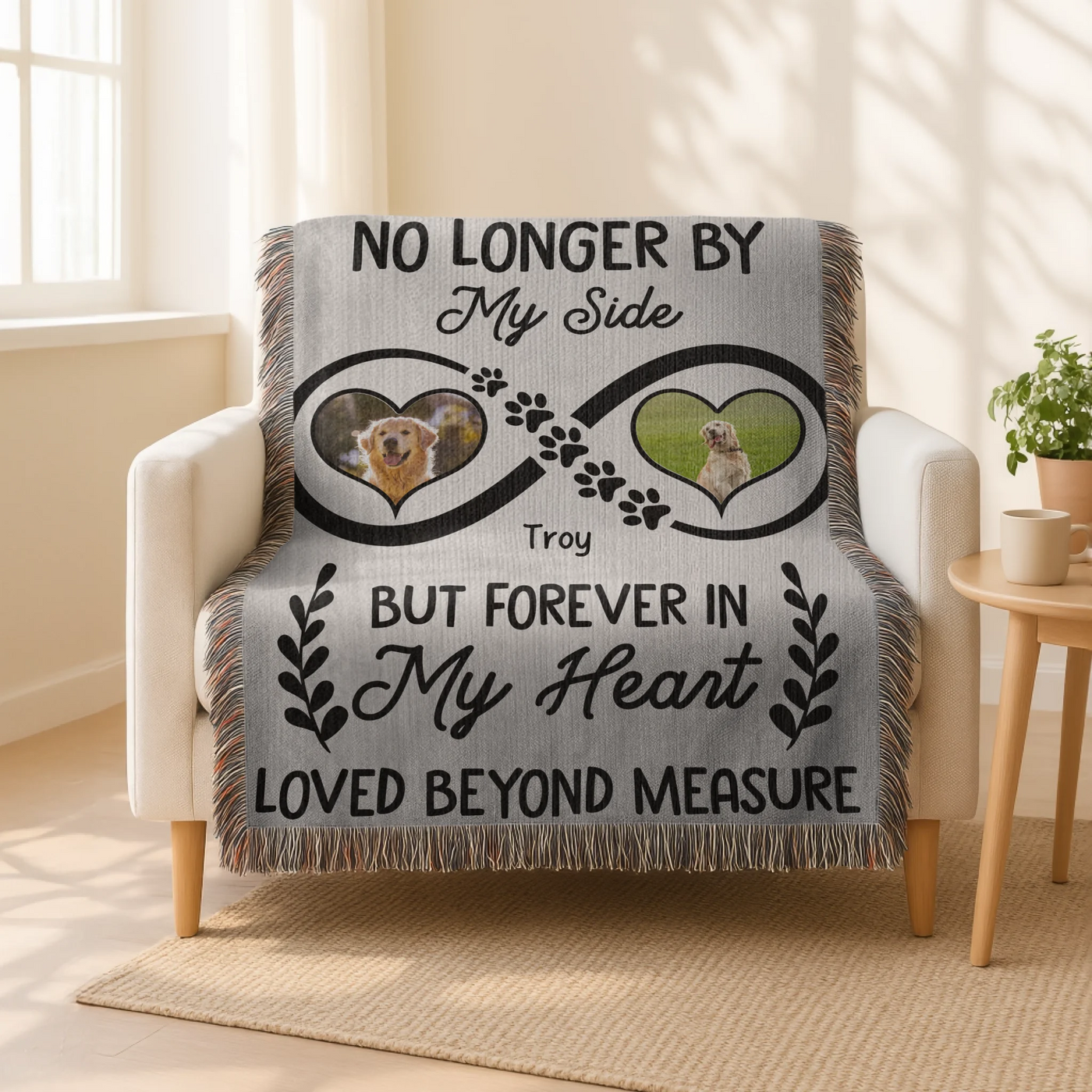 Infinity heart pet memorial woven blanket or wall tapestry with two photos, name, paw prints, and heartfelt remembrance quote