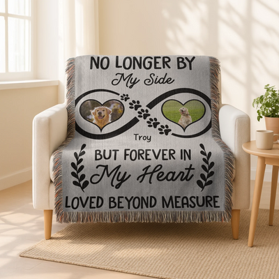 Infinity heart pet memorial woven blanket or wall tapestry with two photos, name, paw prints, and heartfelt remembrance quote