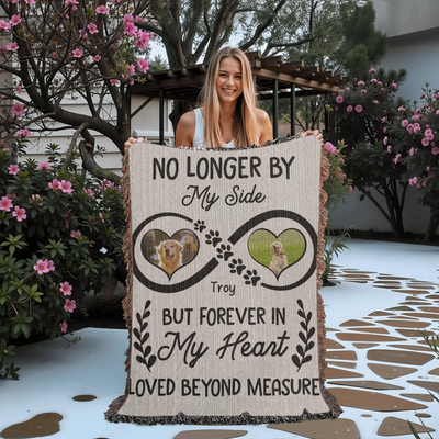 Infinity heart pet memorial woven blanket or wall tapestry with two photos, name, paw prints, and heartfelt remembrance quote