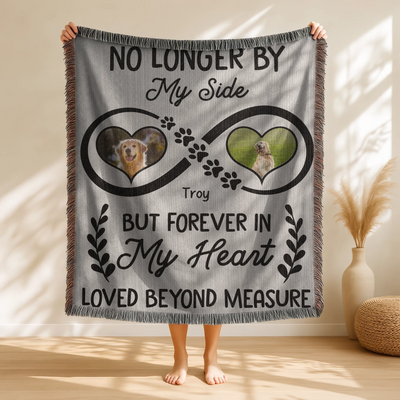 Infinity heart pet memorial woven blanket or wall tapestry with two photos, name, paw prints, and heartfelt remembrance quote