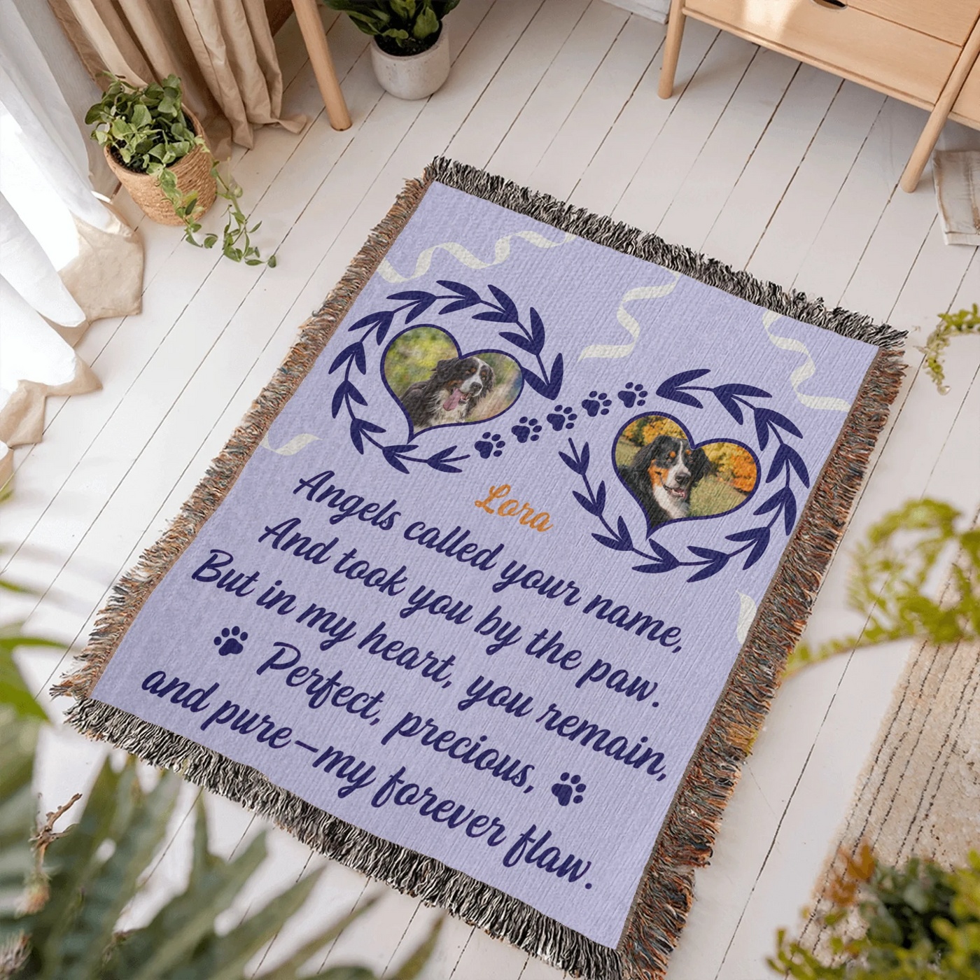 Personalized woven pet memorial blanket with 2 photos, pawprints, lavender leaf accents, and heartfelt remembrance quote